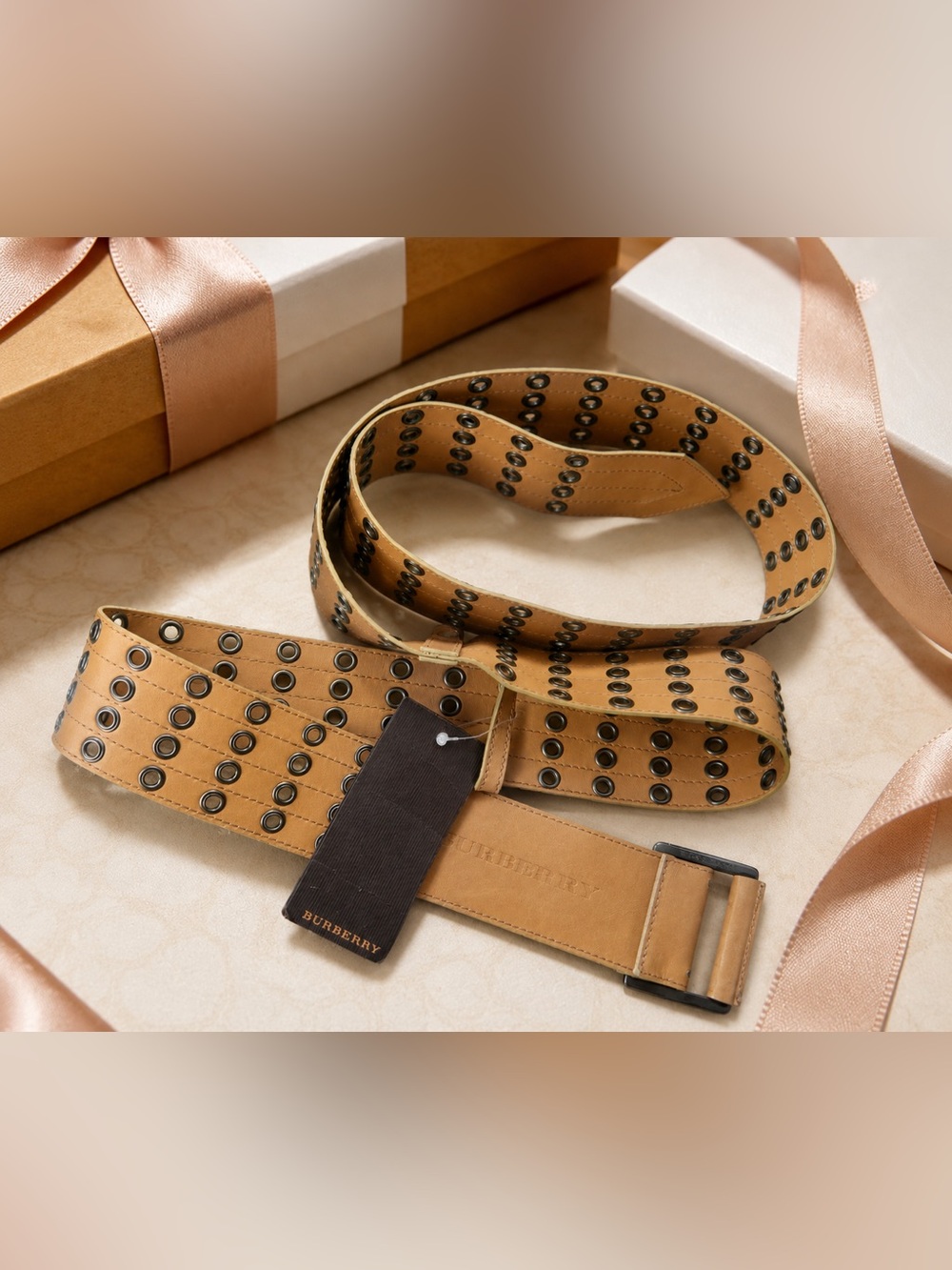 NWT! Rare and Vintage Burberry Tan Leather Studded Belt